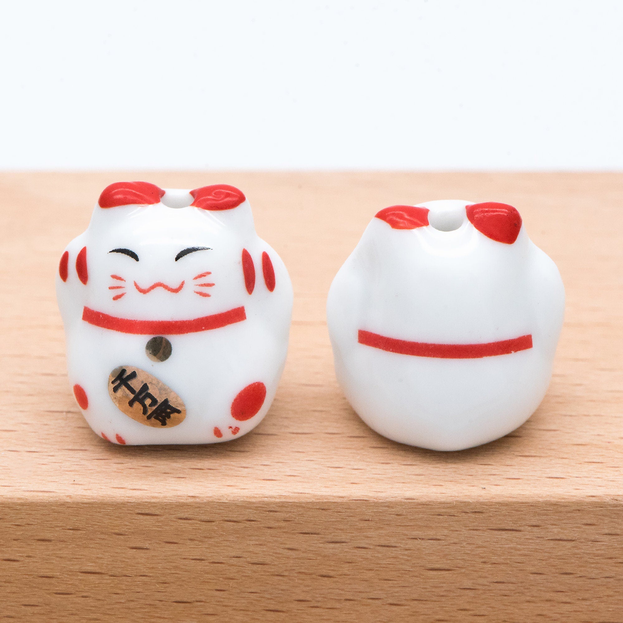 10 beads- Lucky Cat beads 17mm, Handmade Ceramic Maneki Neko, Kawaii Animal Beads, Chinese Character "More Golds" (TC-158)